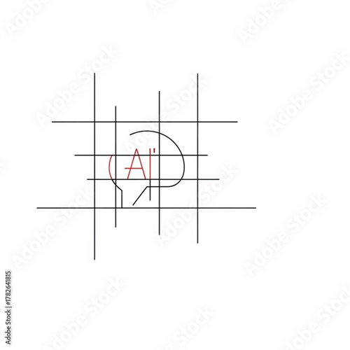 Abstract grid lines frame a stylized AI brain symbol, representing intelligence, data, and technological innovation in a modern concept.