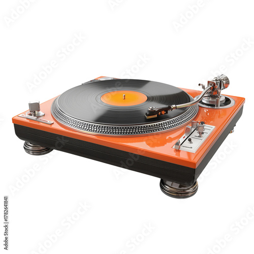 Classic Turntable With Vinyl Record Spinning in a Vibrant Orange Color Scheme