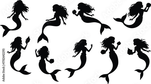 Mermaid silhouette collection, fantasy sea creatures, black mermaid shapes, mythical ocean beings, underwater elegance, artistic mermaid poses, aquatic mythology, mystical marine life, vector art