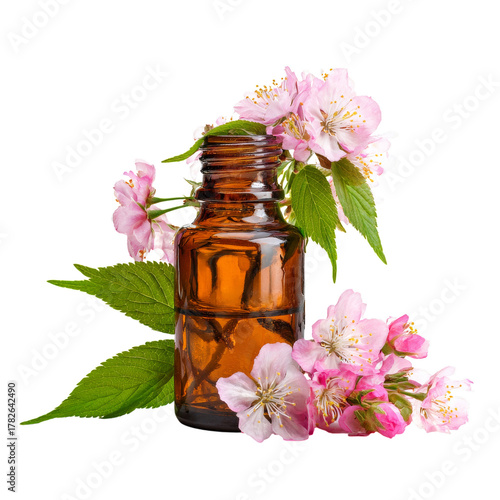 Brown Glass Bottle With Cherry Blossoms on White, Highlighting Natural Beauty...