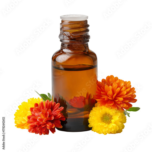 Essential Oil Bottle Surrounded by Vibrant Flowers in a Clean Setting