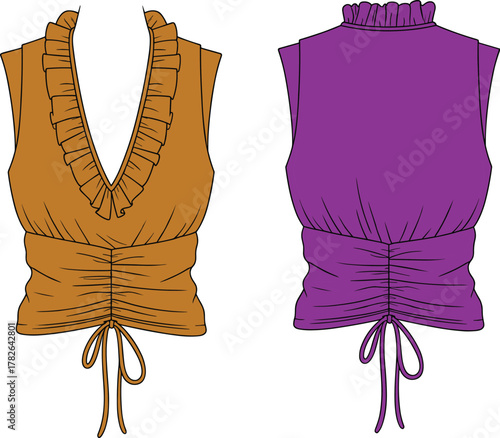 Sleeveless ruched top front view, ruffle neckline design, drawstring waist detail, fashion flat sketch, cad drawing, technical illustration