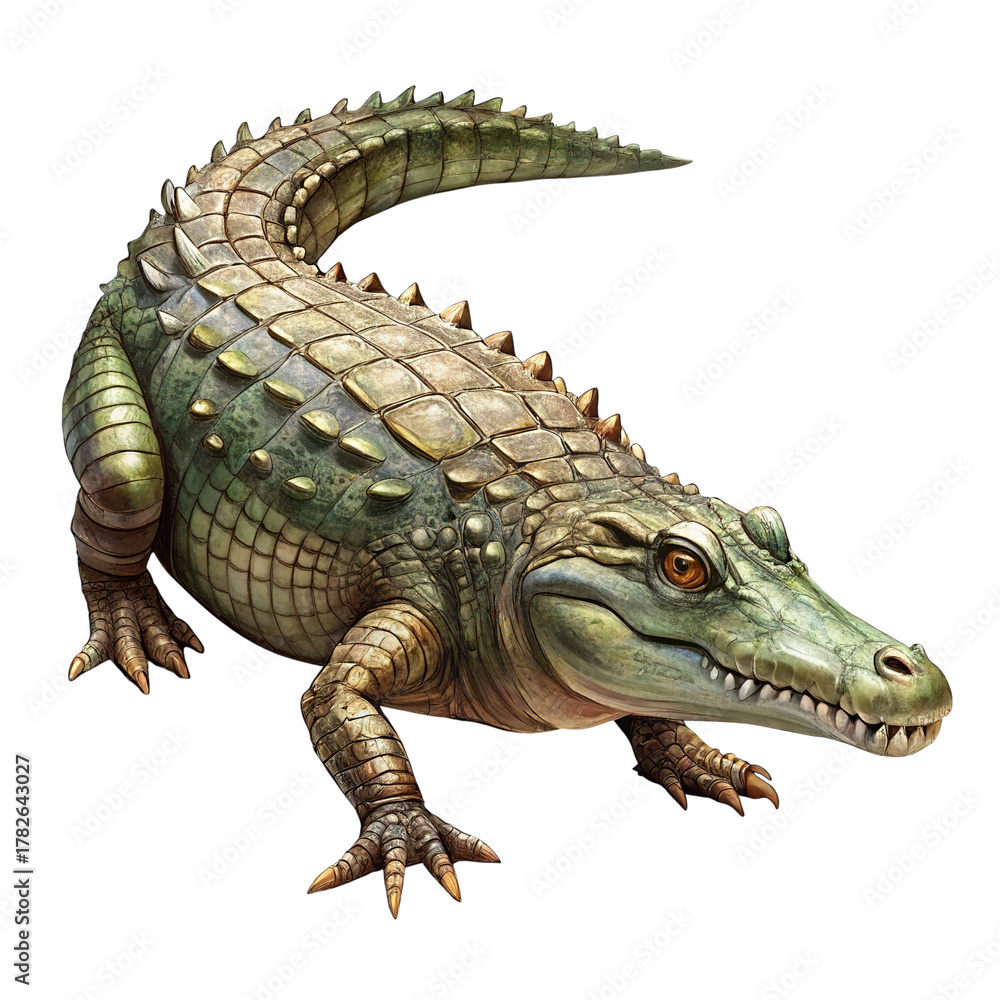 Naklejka premium Realistic crocodile illustration isolated on transparent background - Detailed digital illustration of a crocodile with textured scales and realistic feature 