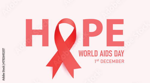 World AIDS Day design with red ribbon symbol forming the word “HOPE,” representing awareness, support, and hope for those affected by HIV/AIDS.