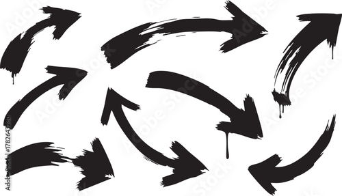 Dynamic black arrow collection featuring heavy liquid paint effects and dripping ink in various distressed curved shapes