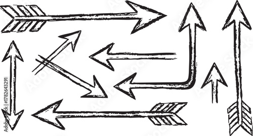 Grunge hand drawn arrow shapes pointer collection sketch style doodle elements for navigation direction or progress concept