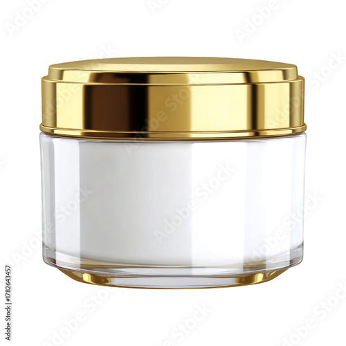 Cream Container With Golden Lid in Clear Glass on White Background