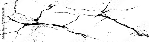 Cracked surface pattern displaying intricate details of a dry and damaged terrain. Fractured surface, a network of deep cracks radiating across a white background. 