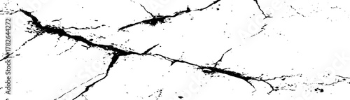 Cracked surface pattern displaying intricate details of a dry and damaged terrain. Fractured surface, a network of deep cracks radiating across a white background. 