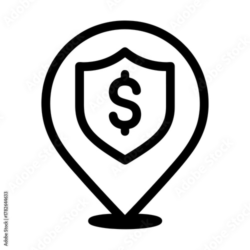 Black shield with dollar sign icon inside a circular pin, representing financial protection and risk management for banking or treasury UIs.