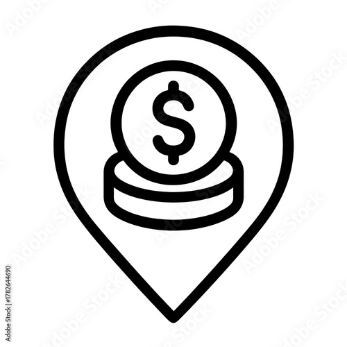 Black coin stack icon inside a circular pin, symbolizing finance and cash flow. Ideal for banking, treasury, or investment dashboards.