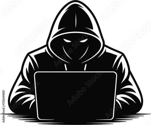 Sinister Anonymous Hacker with Glowing Eyes and Laptop Vector