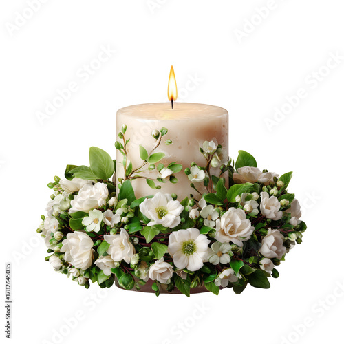 Beautiful Candle Surrounded by Colorful Flowers for a Serene Ambiance