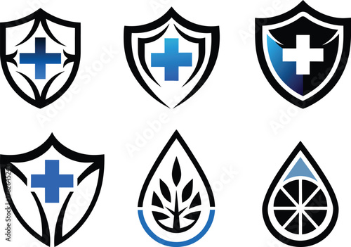 Medical shields with crosses shields with plant life and raindrops logos for healthcare organizations and research firms