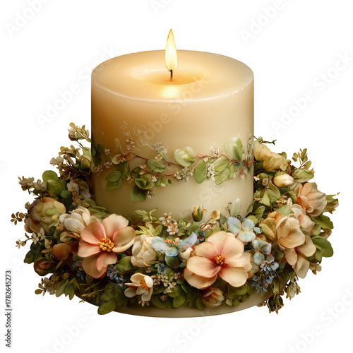 Decorative Candle With Floral Design and Vibrant Flowers Surrounding Its Base