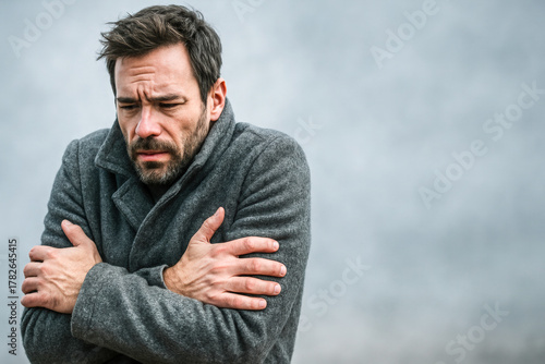 Horizontal portrait of a man shivering in cold weather while wearing a gray coat, standing outside against a cloudy gray sky. Expresses discomfort, hardship, and vulnerability 