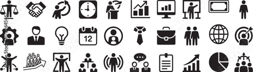 Business icons set representing professional symbols like management and meeting in corporate vector graphic collection isolated