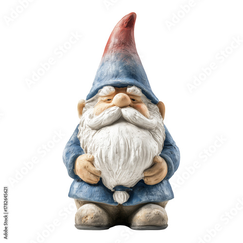 Garden Gnome With Blue Attire and Red Hat Holding a Stone in Sunny Backyard S...