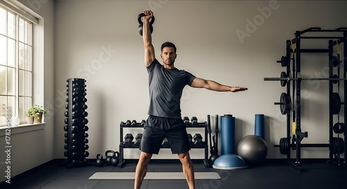 Man Performing Kettlebell Swing Exercise in Modern Home Gym