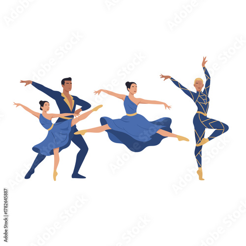 Ballet Dancers in Blue and Gold Costumes Perform Graceful Choreography on Stage