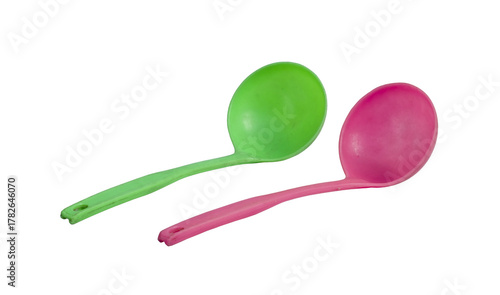 Pair of Bright Plastic Ladles, Green and Pink, on Transparent Background