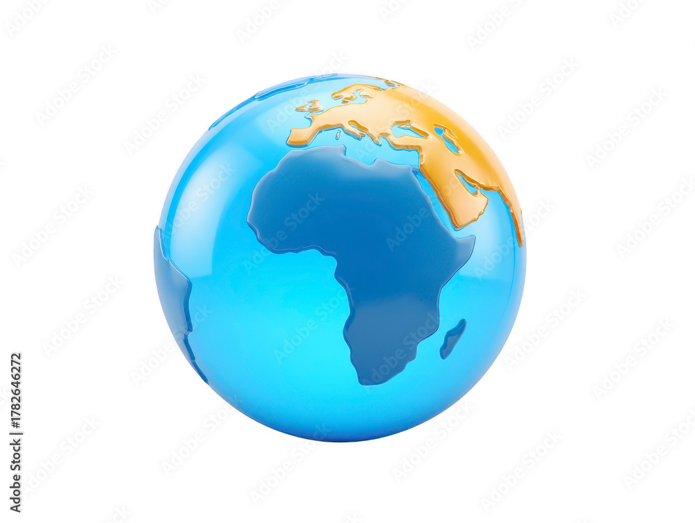 Fototapeta premium 3D globe Africa Europe blue ocean yellow land shiny isolated geography map educational modern style digital illustration global world sphere environmental travel earth realistic clean simple
