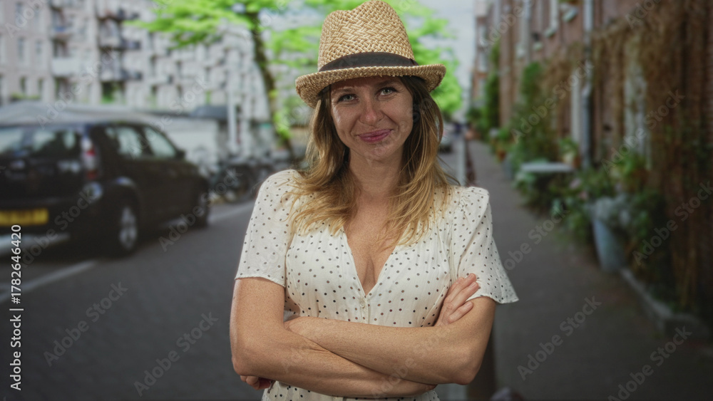 Φωτογραφία Woman with arms crossed wearing straw hat and polka dot dress on a narrow city street with parked car and planters visible; confidence independence
