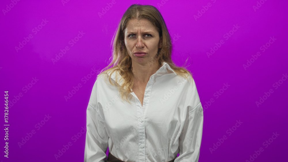 Φωτογραφία Woman frowning with visible face and pursed lips wearing a white shirt in a purple studio; disgust reaction