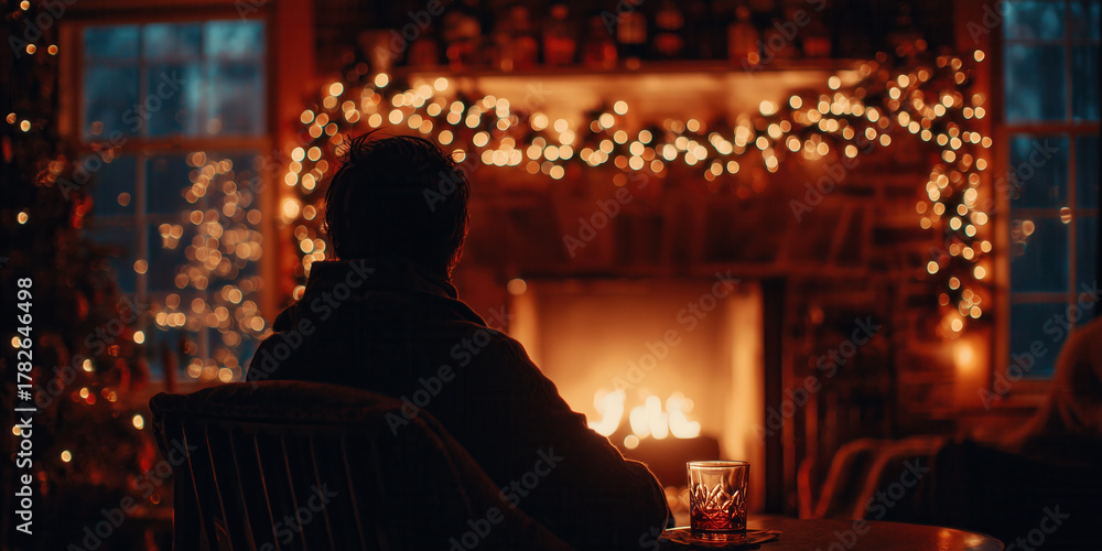 Naklejka premium Man sits on couch with whiskey glass facing glowing fireplace and twinkling Christmas tree. Cozy introspective holiday evening, warm fireside solitude vibe.