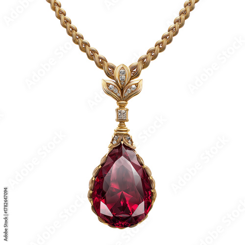 Elegant Vintage Gold Necklace Featuring a Large Red Gemstone Pendant and Intr...