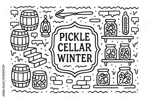 Winter pickle cellar: hand-drawn rustic design with jars, barrels, and tools