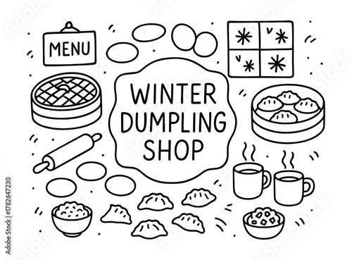 Winter dumpling shop doodle art with ingredients and utensils in line style