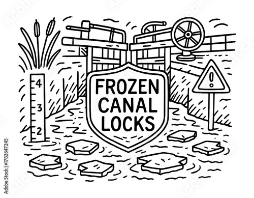 Winter waterway challenge: frozen canal locks with caution sign in linear style