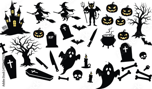 Halloween castle, witches, jack o lanterns, bats, ghosts, cauldron, skull, candle, gravestones, coffins, haunted, spooky, horror, night, creepy, festival, holiday, celebration, vector,