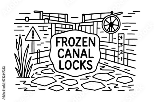 Hand-drawn frozen canal locks with geometric elements and signage details