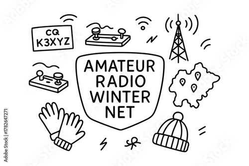 Amateur radio winter net emblem with communication symbols and winter gear in black and white