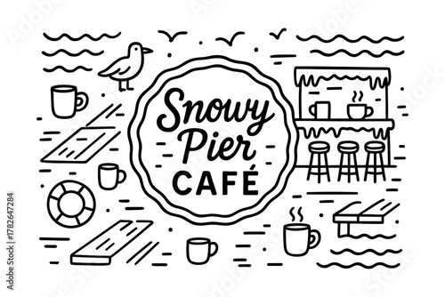 Linear coastal cafe design: seagulls, coffee, and pier vibes