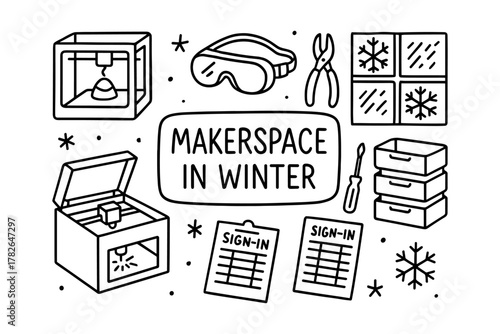 Winter-themed makerspace icons in black and white line art