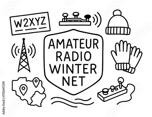 Amateur radio winter net badge with morse code key, gloves, and antenna
