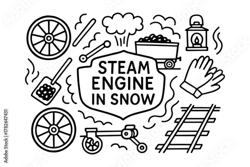 Steam engine winter elements outline with wheels and lantern