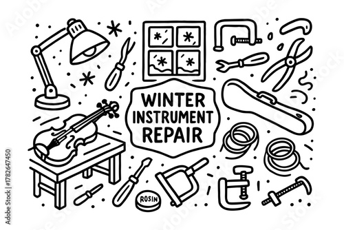 Winter instrument repair workshop with musical tools and supplies in doodle style