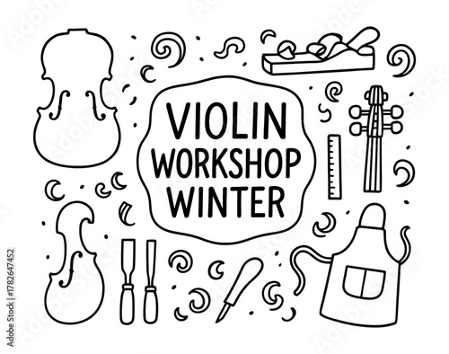 Winter violin workshop design with musical instruments and tools in linear style