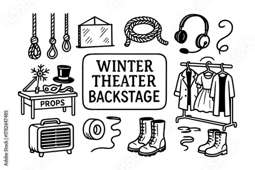 Winter theater backstage essentials: costumes and props in silhouette style