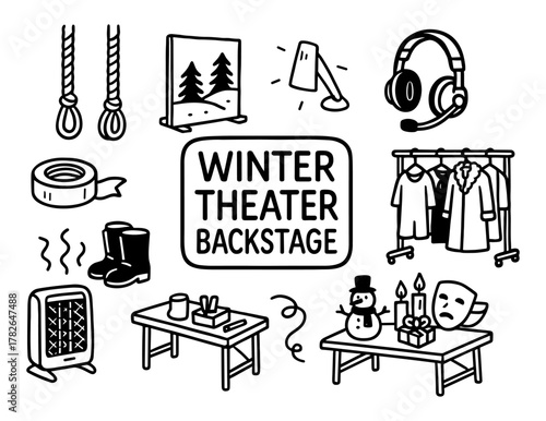 Winter theater backstage doodle with costumes and props