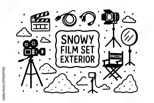 Film set elements in snowy environment with vintage camera and director's chair