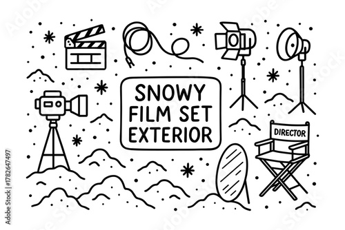 Winter movie production equipment outline featuring cameras and director chair