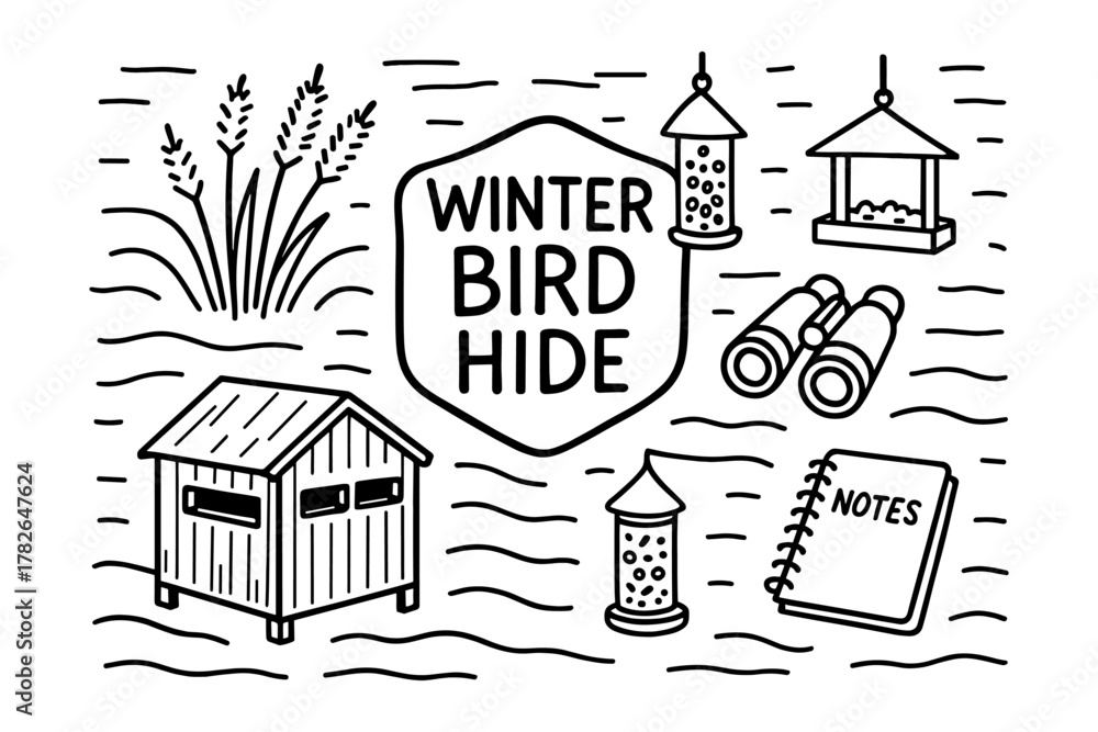 Fototapeta premium Winter bird hide sketch with feeder and binoculars for observation enthusiasts