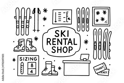 Ski rental store elements with equipment and sign in outline style