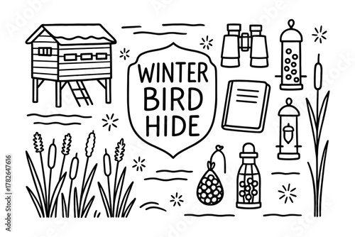 Winter bird watching essentials in simple line art design
