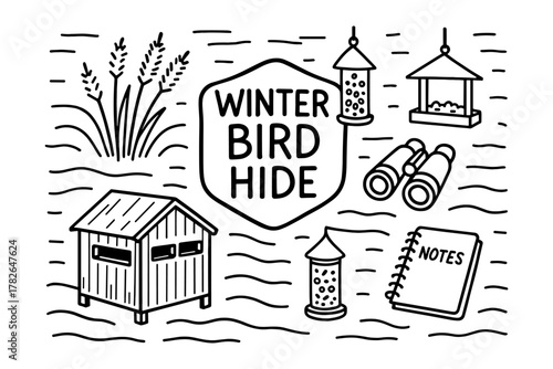 Winter bird hide sketch with feeder and binoculars for observation enthusiasts